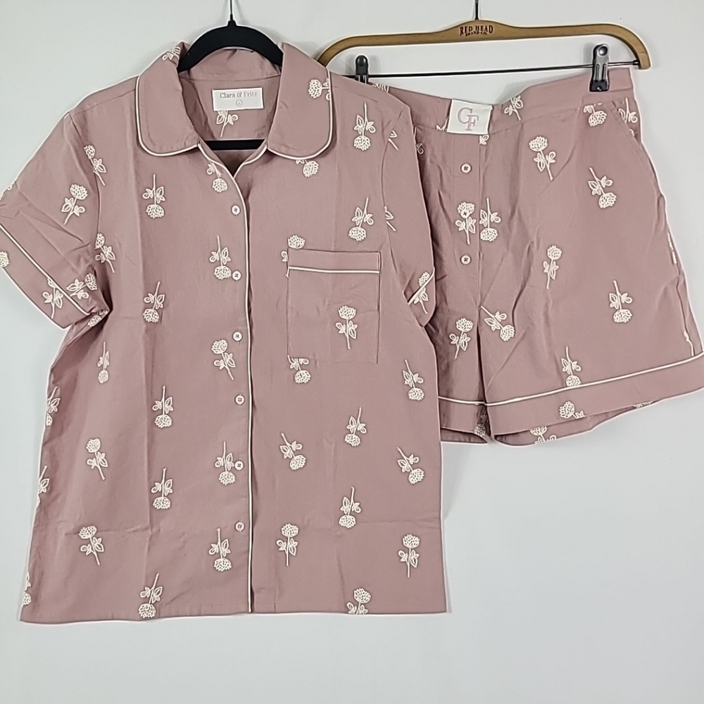 NEW Clara & Fritz Women's Organic Cotton Clover Lounge Short Set Pink Ivory Sz L